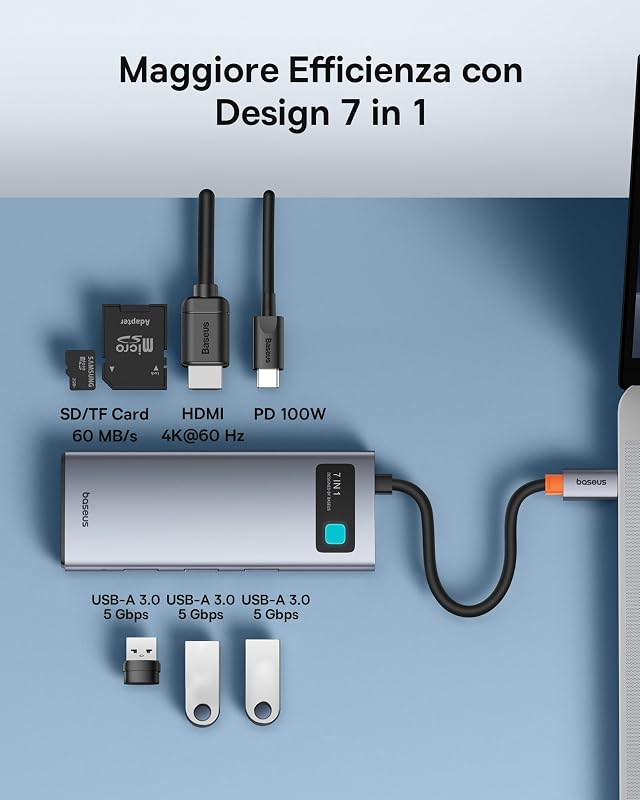 Hub USB C 7 in 1 Adattatore con HDMI 4K@60Hz, PD 100W, 3 USB-A 3.0 5Gbps, Lettore Schede SD/TF, Docking Station per Computer Portatili per MacBook/Surface Pro/iPad/Steam Deck/Rog Ally/Samsung