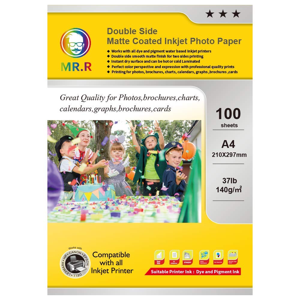 MR.R Double Side Matte Coated Inkjet Photo Paper 140gsm,A4 210 x 297mm 100 Sheets per Pack Suitable for Printing Photo,Greeting Card