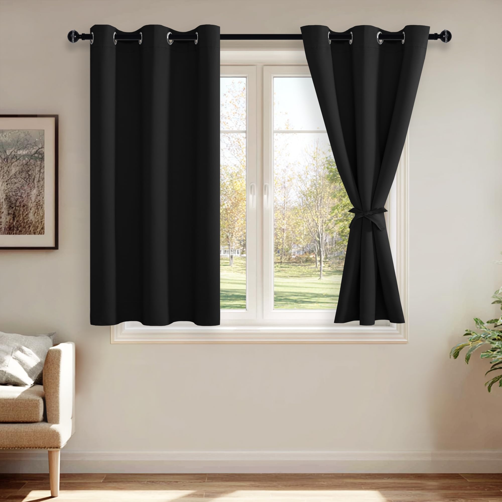 JIUZHEN Black Blackout Curtains with Tiebacks - Thermal Insulated, Light Blocking and Noise Reducing Grommet Curtain Drapes for Bedroom and Living Room, Set of 2 Panels, 38 x 45 Inch Length