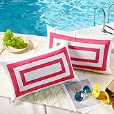 JOJOGOGO 12x20 Hot Pink Frame Outdoor Lumbar Pillow Covers Waterproof & Sunproof Set of 2, White and Pink Outdoor Decorative Lumbar Throw Pillows for Patio Furniture and Porch Decor(Without Inserts)