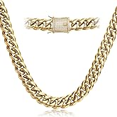 PY BLING 14k Gold Plated Mens Heavy Miami Cuban Link Chain Choker with Lab Diamond Clasp Stainless Steel Hip Hop Thick 8mm-16mm Necklace