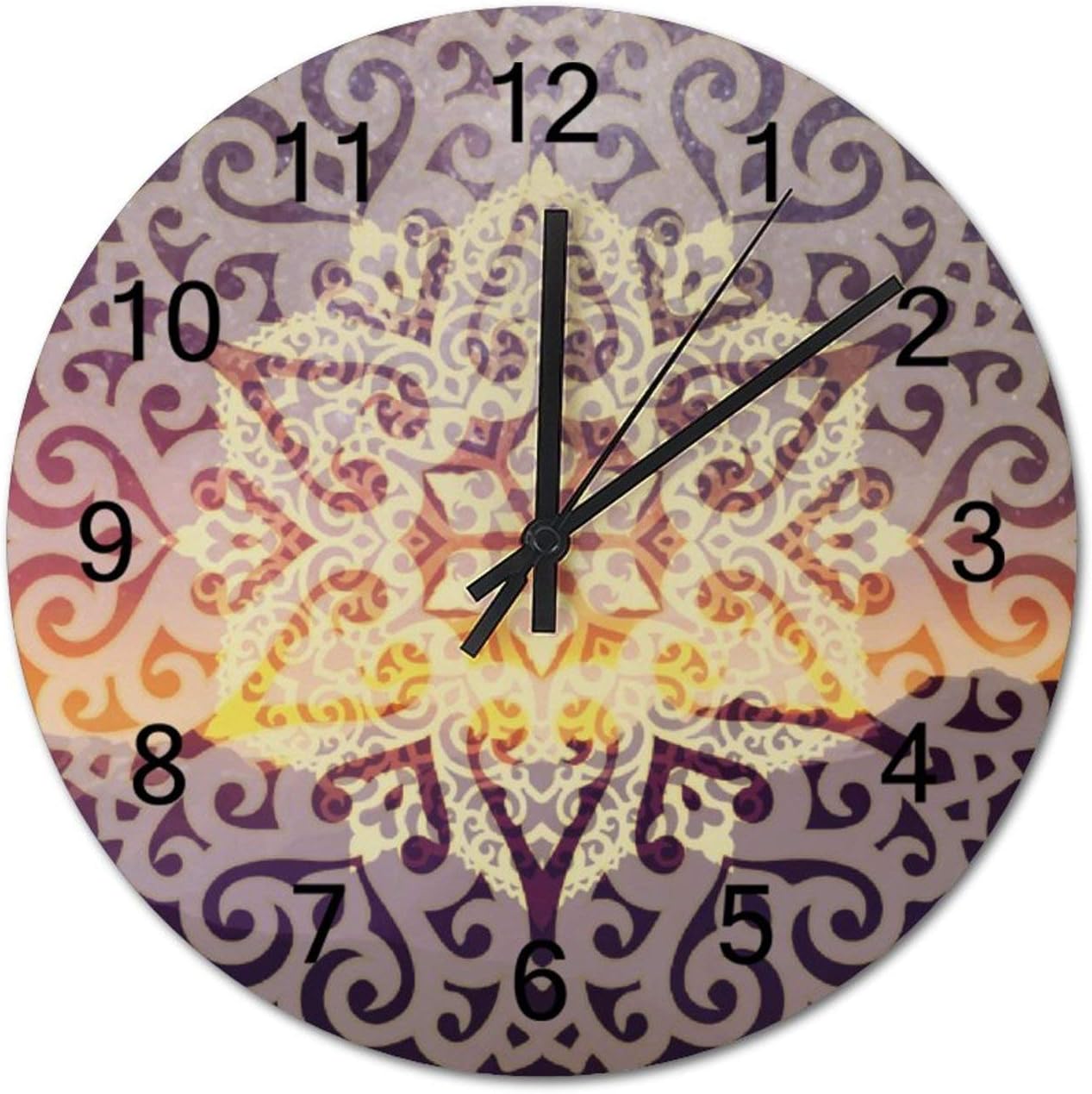 Purple Pattern Design Mandala Wall Clock Silent Wooden Design Digital