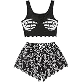 WDIRARA Women's Plus Size Sleepwear Cute Cartoon Print Scalloped Tank Top and Shorts Pajama Set