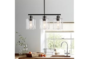 ROCUNSI 3-Light Kitchen Island Lighting, Black Pendant Light Fixture, Farmhouse Dining Room Light Fixtures Over Table, Modern Hanging Light Fixtures with Clear Glass, E26 Base, Bulbs Not Included