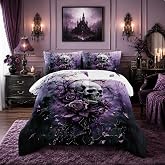 HOSIMA Floral Death Skull Queen Bedding Sets for Women with 2 Pillowcases. | Skull Surrounded by Flowers Print Gothic Comforter,Branch Pattern Horror Themed Halloween Comforter for Girls Room Decor