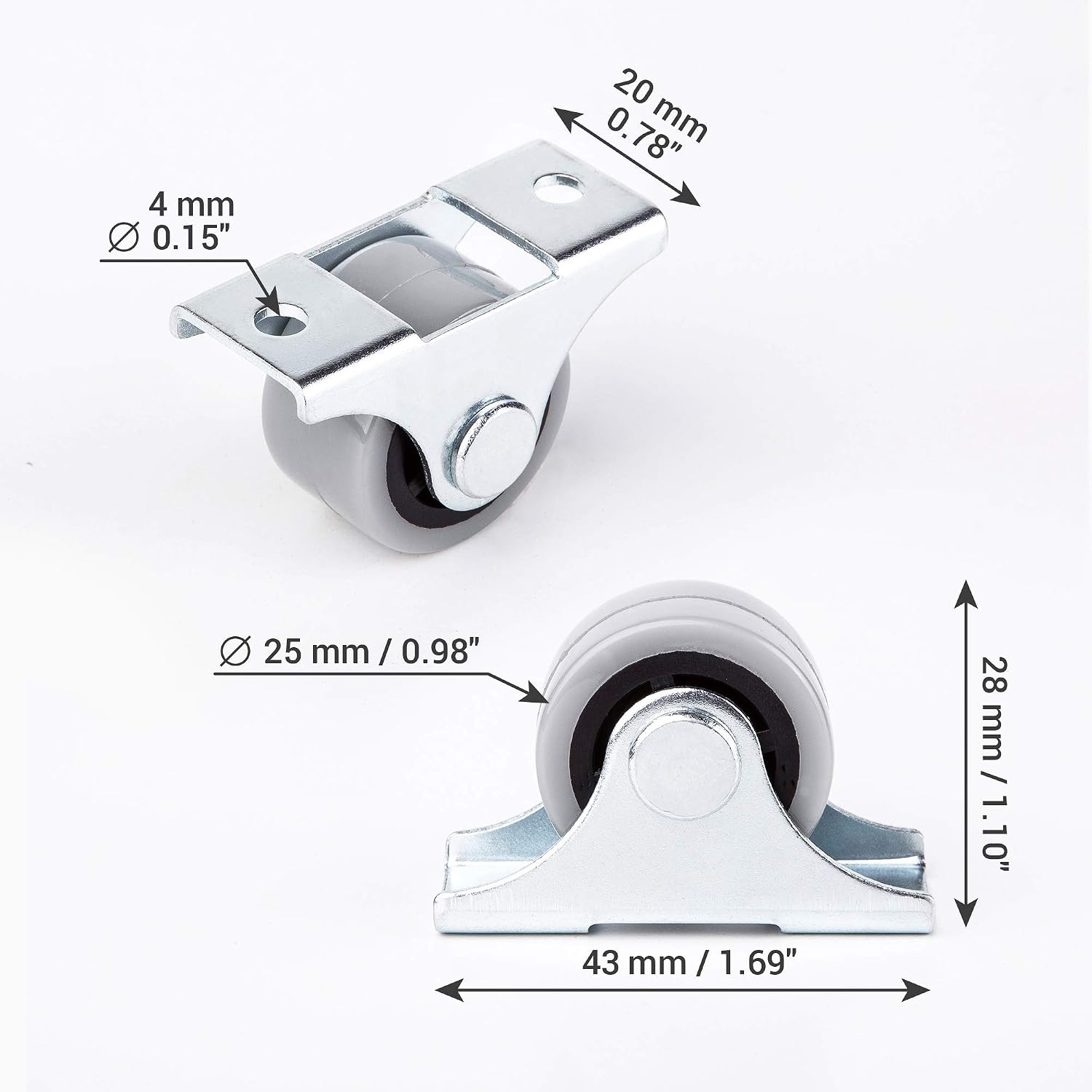 4 x 25mm Mini Rubber Castors with Metal Plate for Furniture and Equipment, Grey and Silver - Image 3