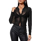 Remidoo Women's Sexy Sheer Mesh Button Down Long Sleeve Crop Top Blouse Shirt