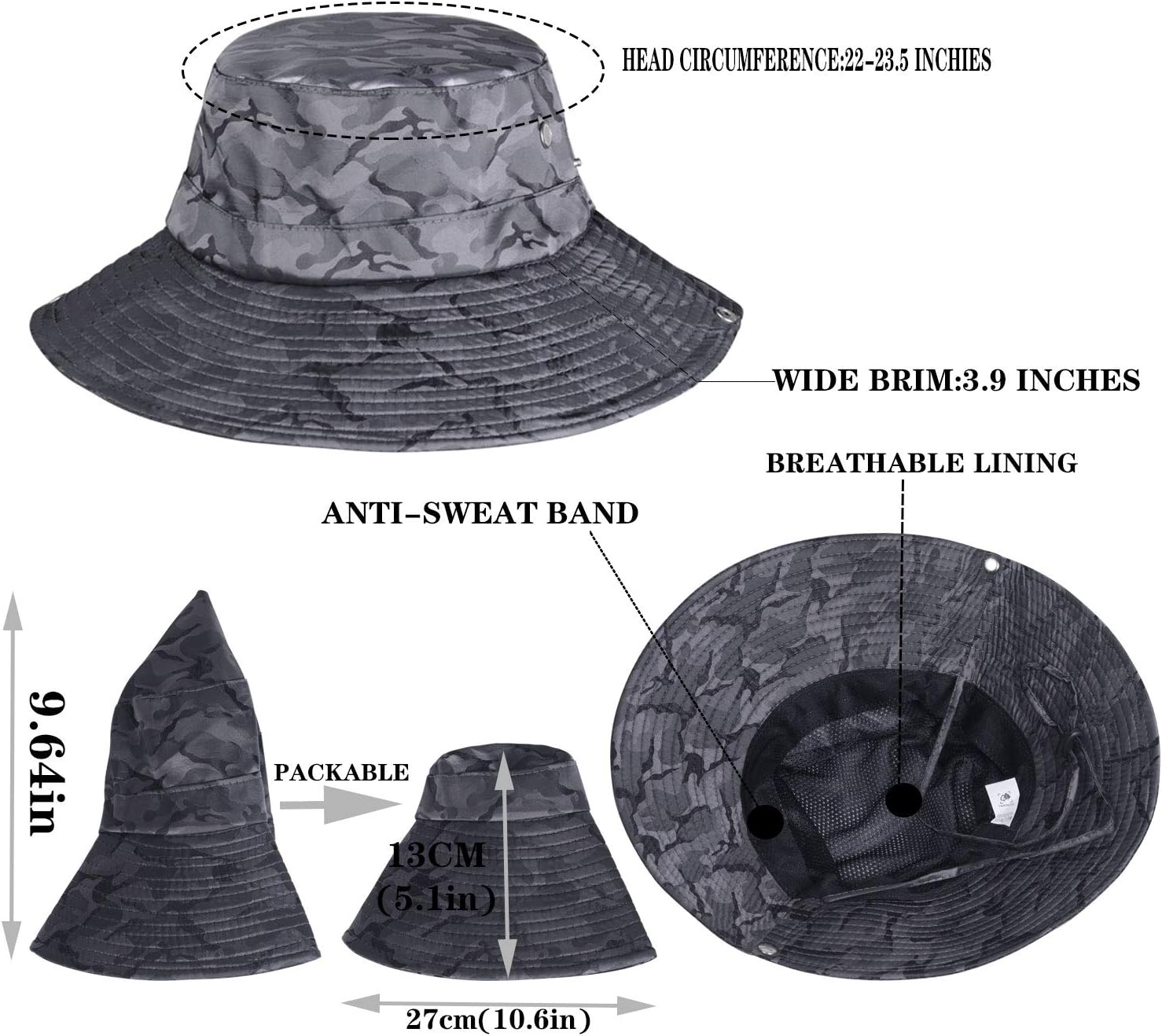 KOOLSOLY Breathable Wide Brim Boonie Hat Outdoor Waterproof UPF 50+ Sun Protection Mesh Safari Sun hat for Travel Fishing : Clothing