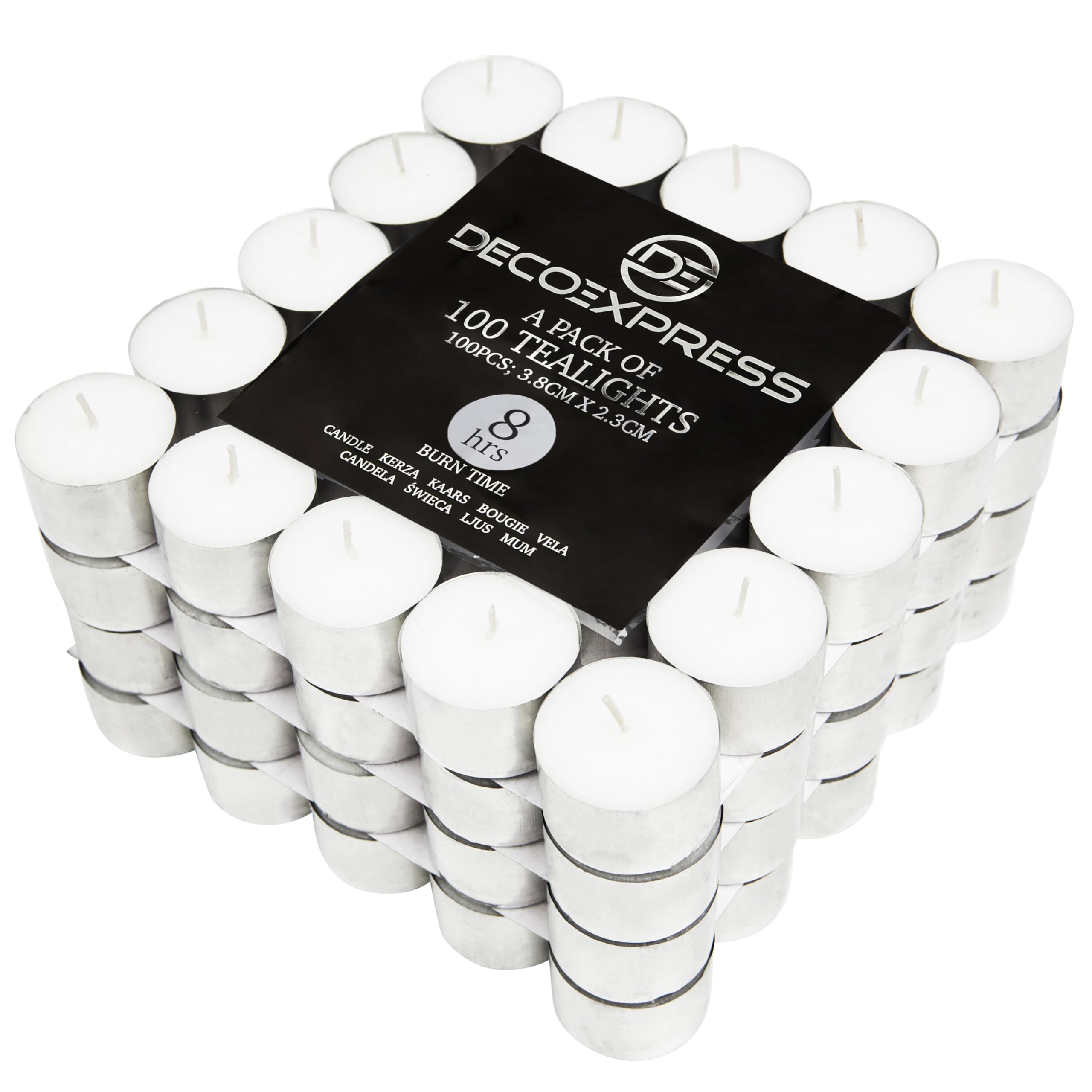 DECO EXPRESS Tealight Candles Multipack of 200, 100, 50, 25 or 24, Burning Time 4, 8 or 10 Hours - Tea Lights Candles (White 100/8 Hours)