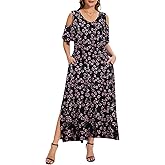 Plus Size Dresses for Women Summer V Neck Cold Shoulder Short Sleeve Split Long Beach Dresses with Pockets