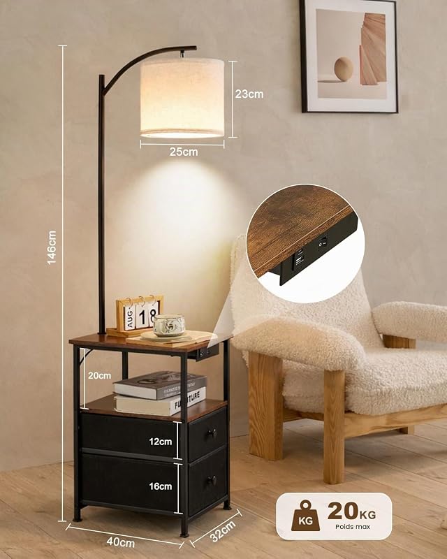 Lampadaire avec Table et 2 tiroirs, Lampe de Chevet avec Station de Charge USB et Type C, lampadaire à 3 températures de Couleur avec Abat-Jour réglable, Lampe LED pour Salon et Chambre