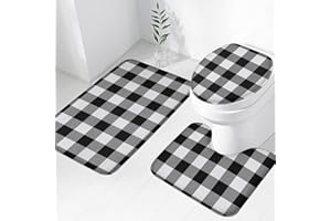 Easternproject 3 Piece Black and White Buffalo Plaids Checked Bath Mat Set Plush Christmas New Year Bathroom Rug Sets for Winter Non Slip Water Absorbent U-Shaped Contour Toilet Mat, Toilet Lid Cover