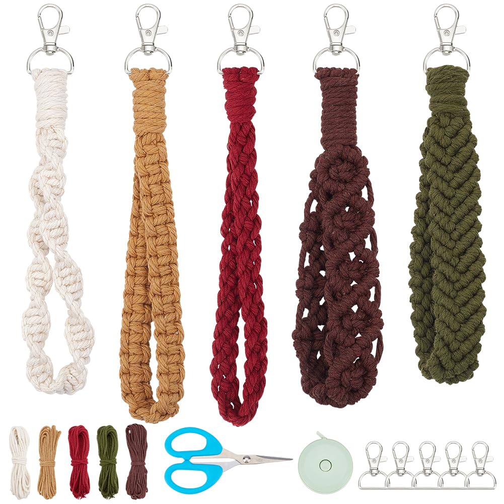 INFUNLY 5 Set Colorful Macrame Cord Knotting Kits for Adults DIY Macrame Wristlet Keychain Kits Macrame Handcraft Boho Mini Tassel Keychain Bracelet for Car Key Purse Phone Gift with Instruction
