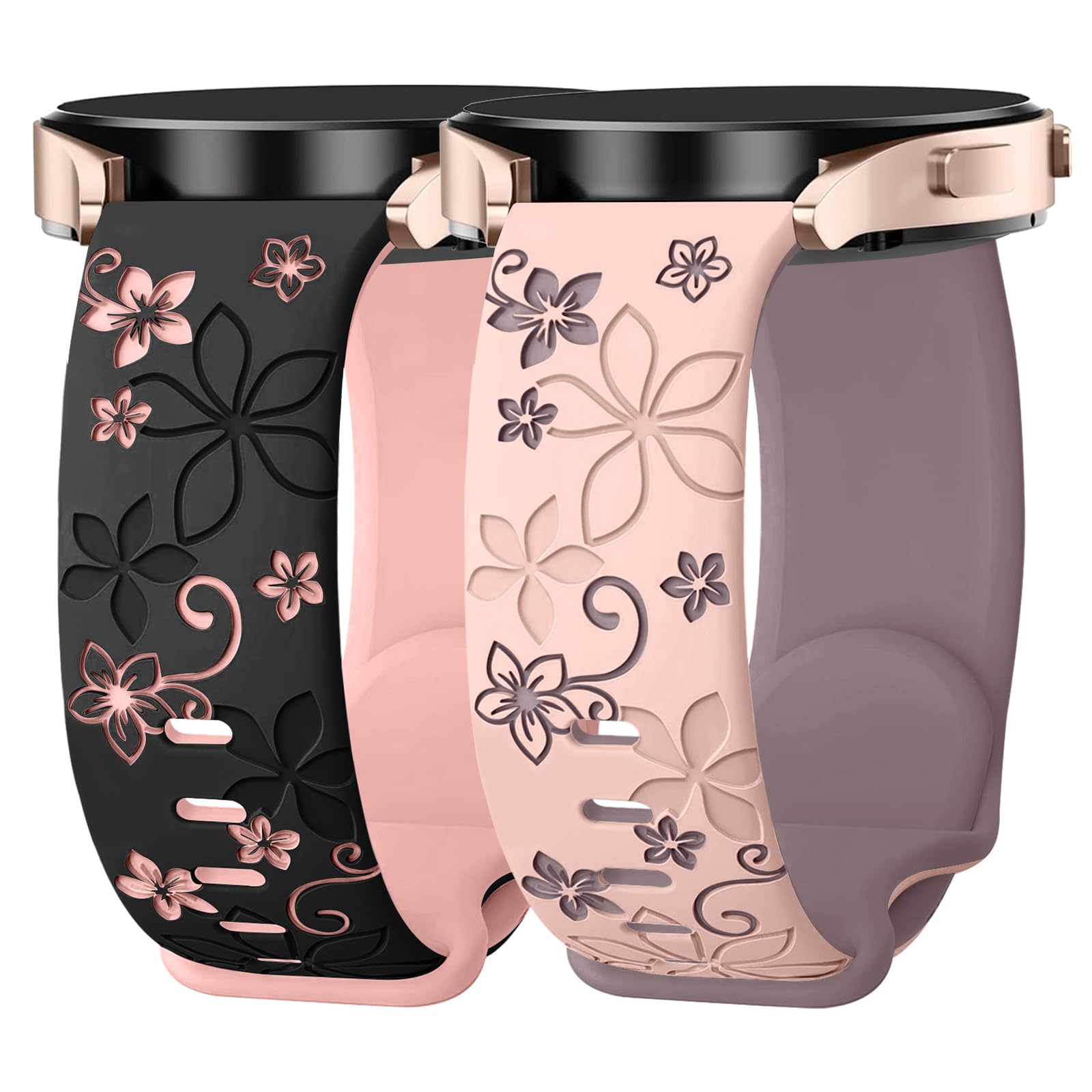 Kimiyaki 2 Pack Floral Engraved Bands for Samsung Galaxy Watch 7 6 5 4 FE 40mm 44mm/Active 2/Watch 3 41mm Women, 20mm Cute Two-Tone Soft Silicone Sport Strap