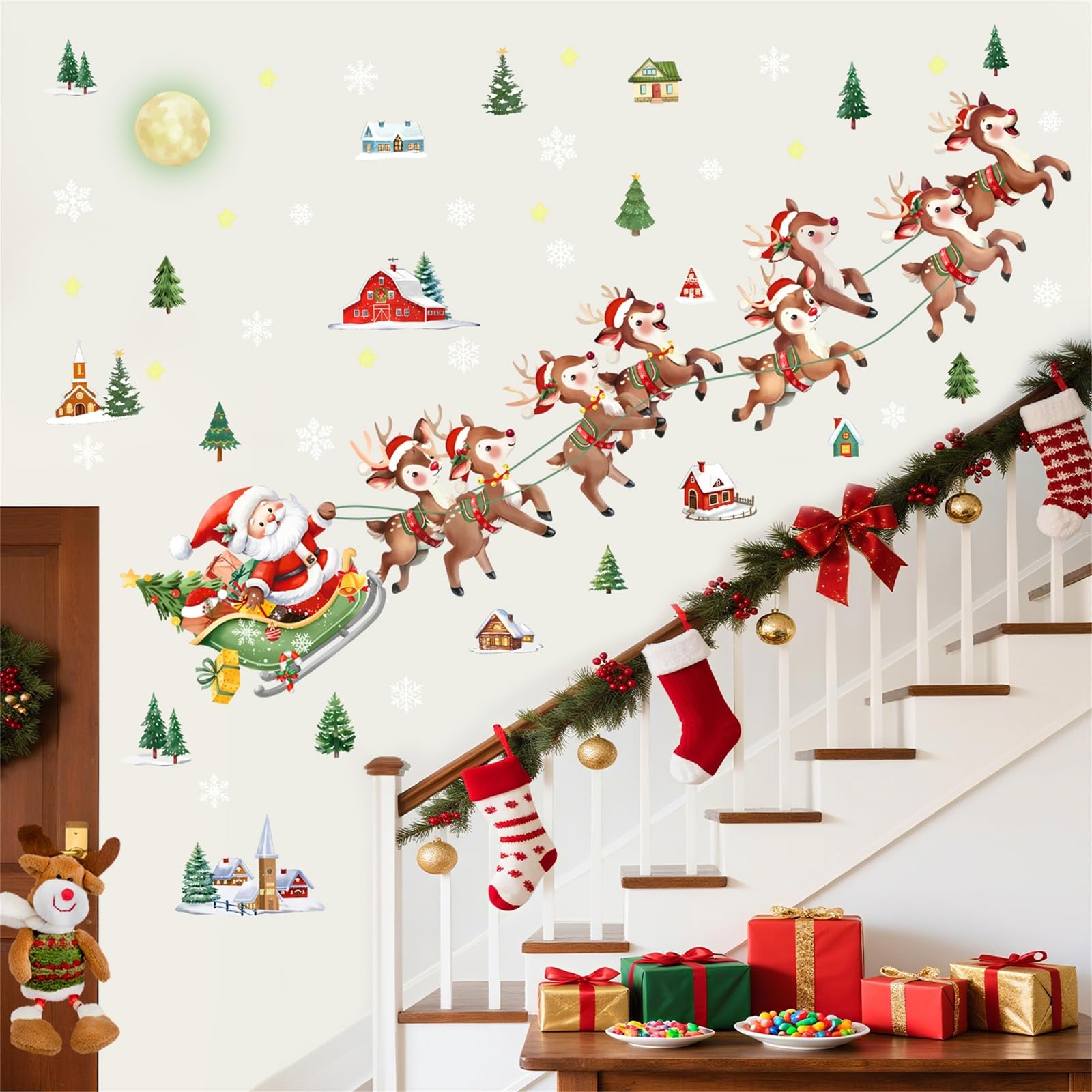 Photo 1 of **USED** decalmile Christmas Santa Claus Reindeer Window Wall Decals Winter Xmas Tree Wall Stickers Snowflake House Window Clings Christmas Party Window Showcase Door Decorations
