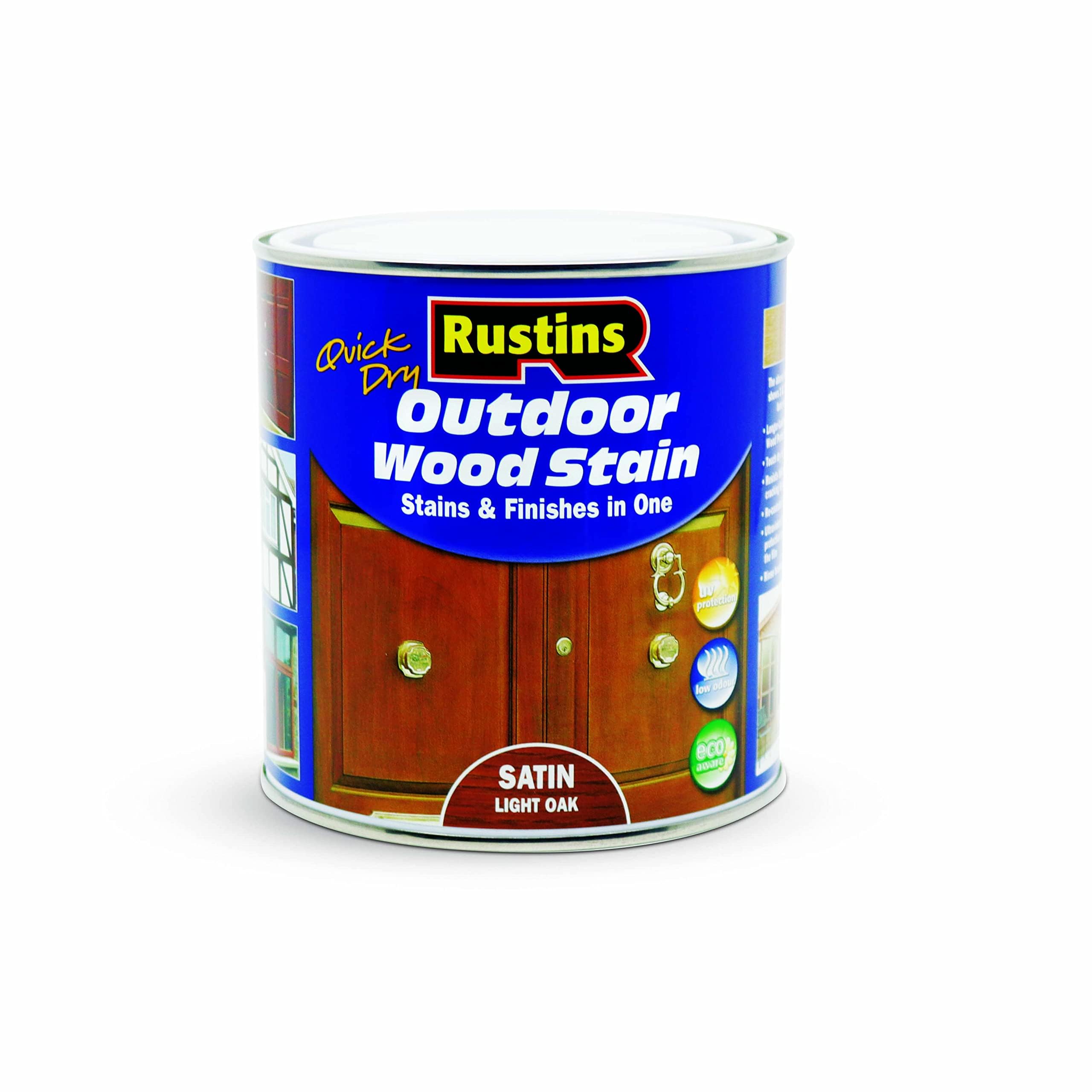 Rustins Quick Dry Outdoor Wood Stain Satin Light Oak 1ltr - Durable and Weather-Resistant Finish, Fast Drying, Vibrant Color for Decks, Fences, & Furniture, Available in Many Wood Shades — image 1