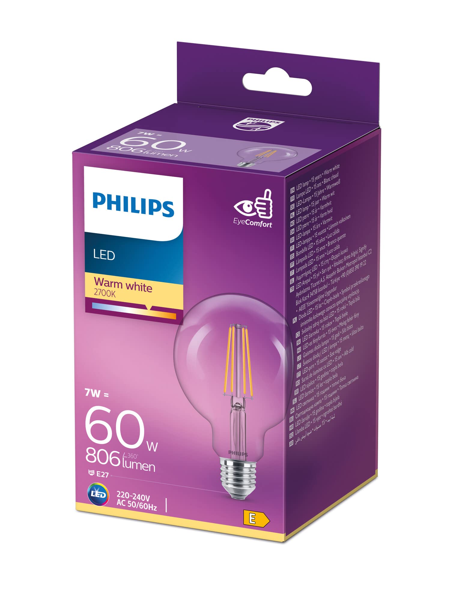 Philips LED Premium Classic G95 Globe Light Bulb [E27 Edison Screw] 7W - 60W Equivalent, Warm White (2700K), Non Dimmable