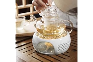 Gavigain Teapot Warmer Ceramic, Porcelain Teapot Heater, Hollow Frame Round Teapot Warmer Base with Alloy Cushion and Candle Holder