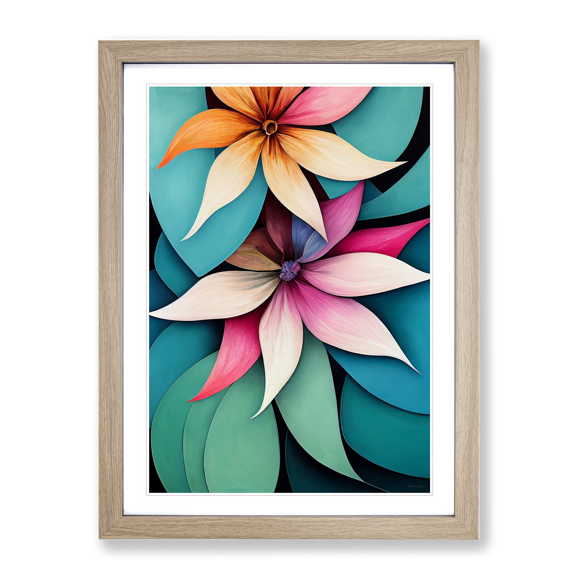 Exotic Flowers Framed Print | A4 Oak Framed Wall Art | Ready to Hang | Modern Floral Picture | Living Room Bedroom Lounge Office