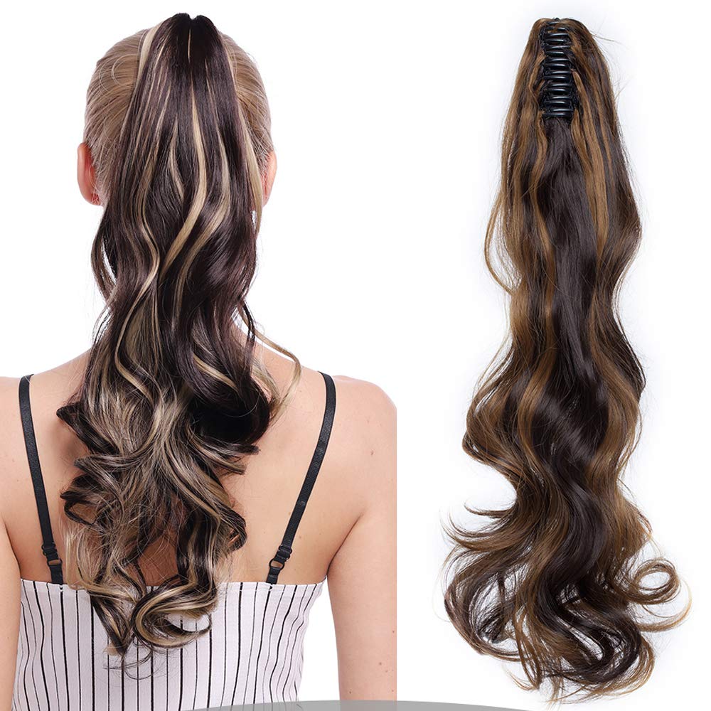24 inches Claw on Hair Extensions Ponytail Clip in Pony Tail Long Hair Piece Wavy Curly Synthetic [Chocolate Brown&Brown]