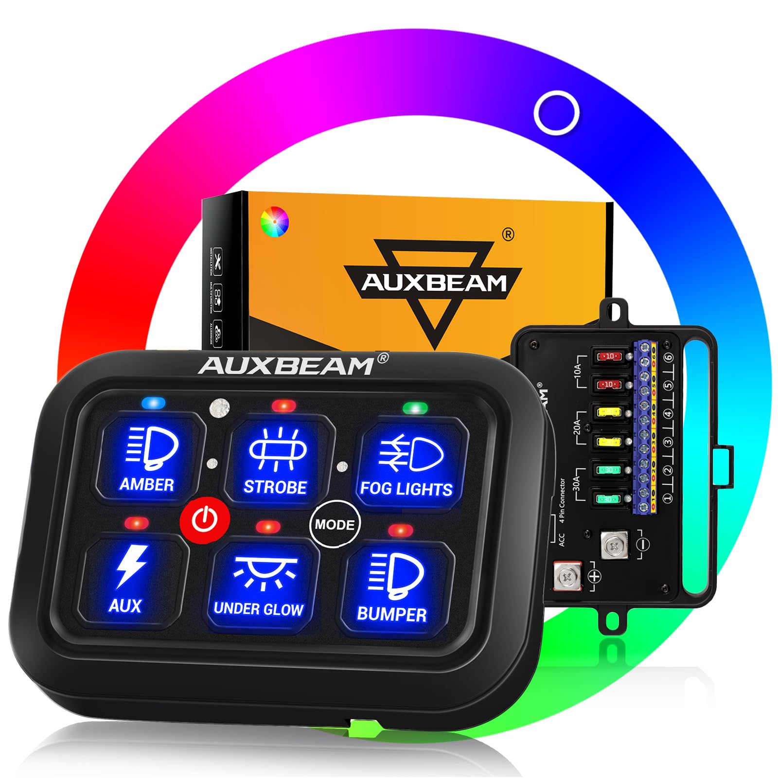 Photo 1 of Auxbeam RGB 6 Gang Switch Panel RA60 Auto-Dimmable Switch Panel w/Momentary Toggle Pulsed Memory Function, 12-24V Switch Panel for Truck UTV Car Boat Waterproof, 2-Year Warranty