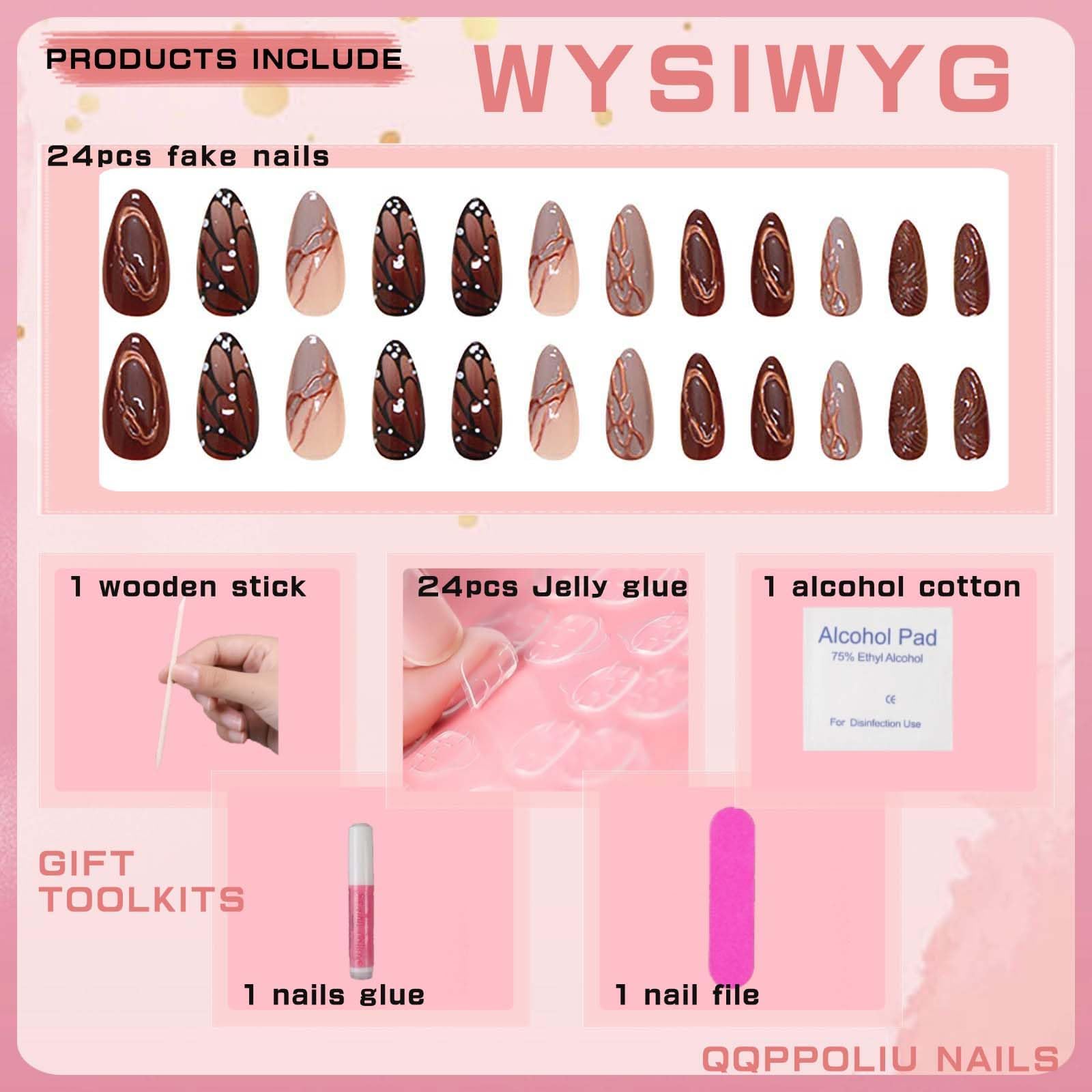QQPPOLIU Buttterfly Press on Nails Medium Almond Fake Nails Brown Press on False Nails with Butterfly and Striped Design Fall Nails for Women 24pcs - Image 2