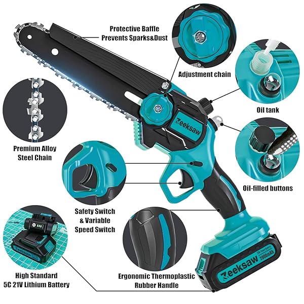 8 INCH ELECTRIC CHAINSAW CORDLESS WITH AUTO OILER, SENIORS FRIENDLY BATTERIES POWERED HAND HELD CHAIN SAW KIT, AUTOMATIC CHAIN TENSIONING & AUTO OILER FOR TREE BRANCHES, COURTYARD, AND GARDEN