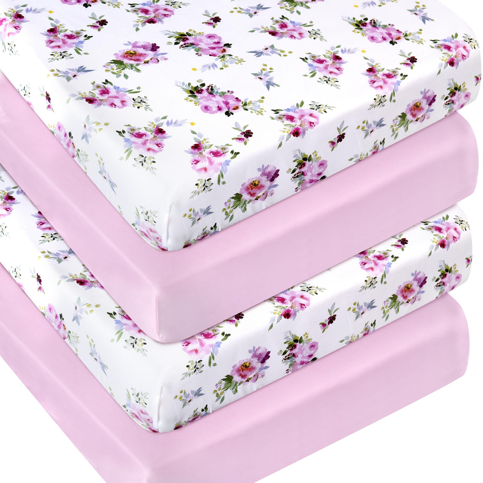 Photo 1 of Crib Sheets Girls 4 Pack, Fitted Crib Sheets for Standard Size Crib and Toddler Mattresses, Soft and Breathable Baby Gift Girl Set, Floral