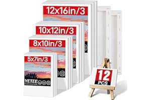YETEE 12 Pcs Stretched Canvas for Painting, Multiple Sizes: 12x16, 10x12, 8x10, 5x7, Blank Canvases Boards for Oil Painting