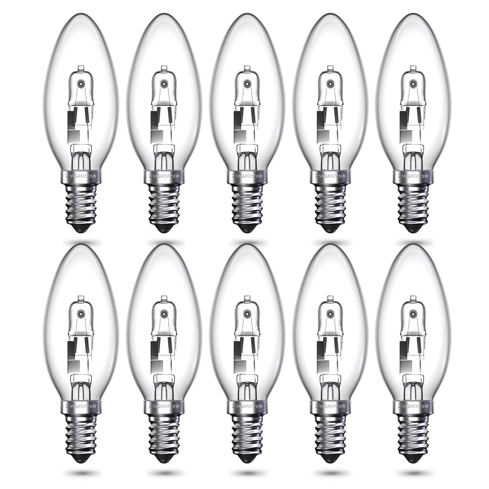 Luxvista 10-Pack 28W E14 Halogen Candle Light Bulbs, C35 SES Small Edison Screw Bulb E14 dimmable, Clear Glass E14 Candle Bulb Warm White 2700K for Chandelier, Wall Sconces, Pendants