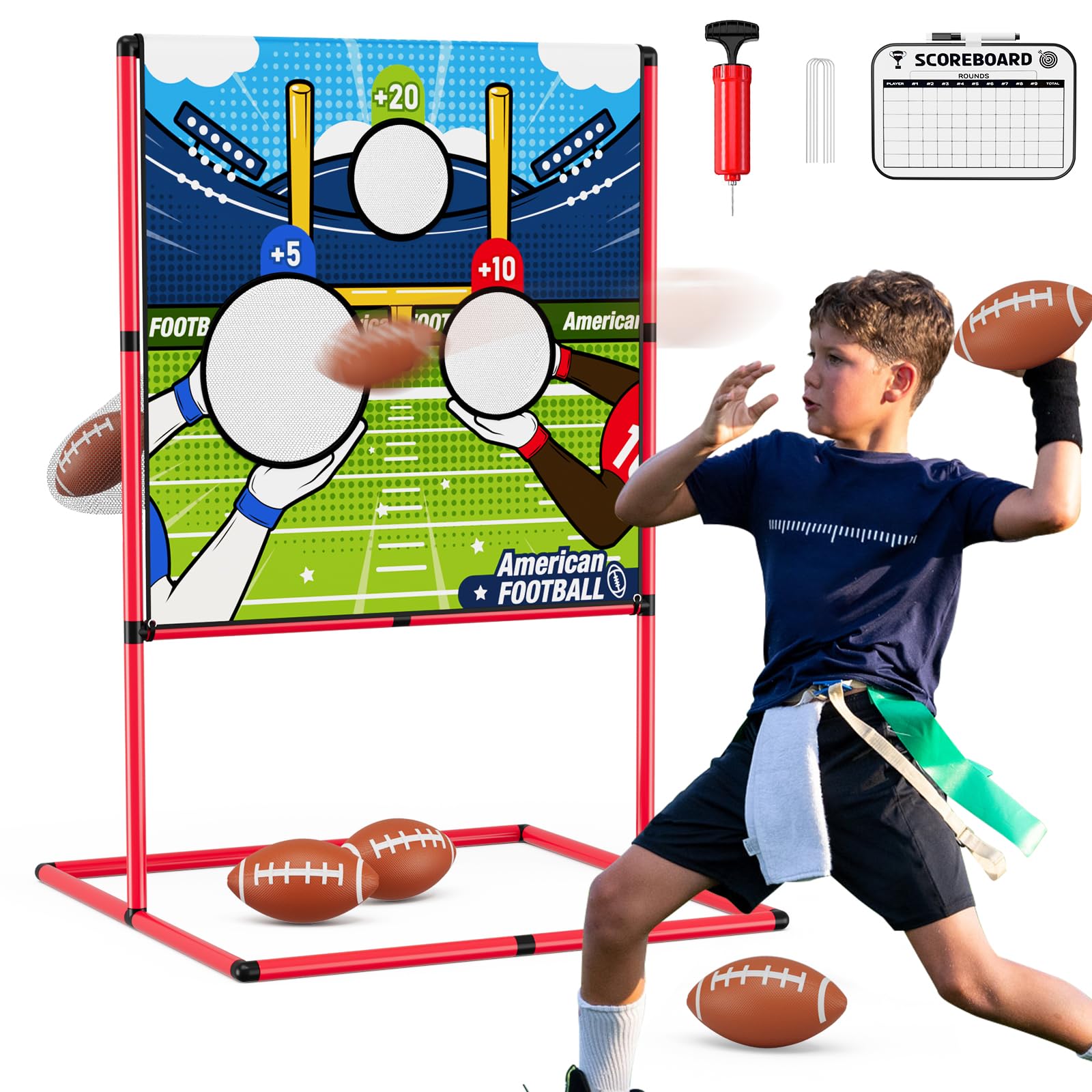 HYES Football Toss Game with 4 Inflatable Footballs, Throwing Rugby Game, American Football Target Practice for Kids, Indoor Outdoor Backyard Yard Garden Sports Toys Gifts for Boys Girls 6-8 8-12