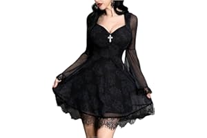 WDIRARA Women's Floral Print Mesh Gothic Dress Square Neck Bell Sleeve A Line Vintage Dresses