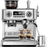 Kismile Dual Boiler Espresso Machine with Grinder, 20 Bar Espresso Maker with Milk Steamer & Hot Water, Dual LED Display, Pressure Gauge, Burr Grinder, coffee Machine for Home&Office, Stainless Steel