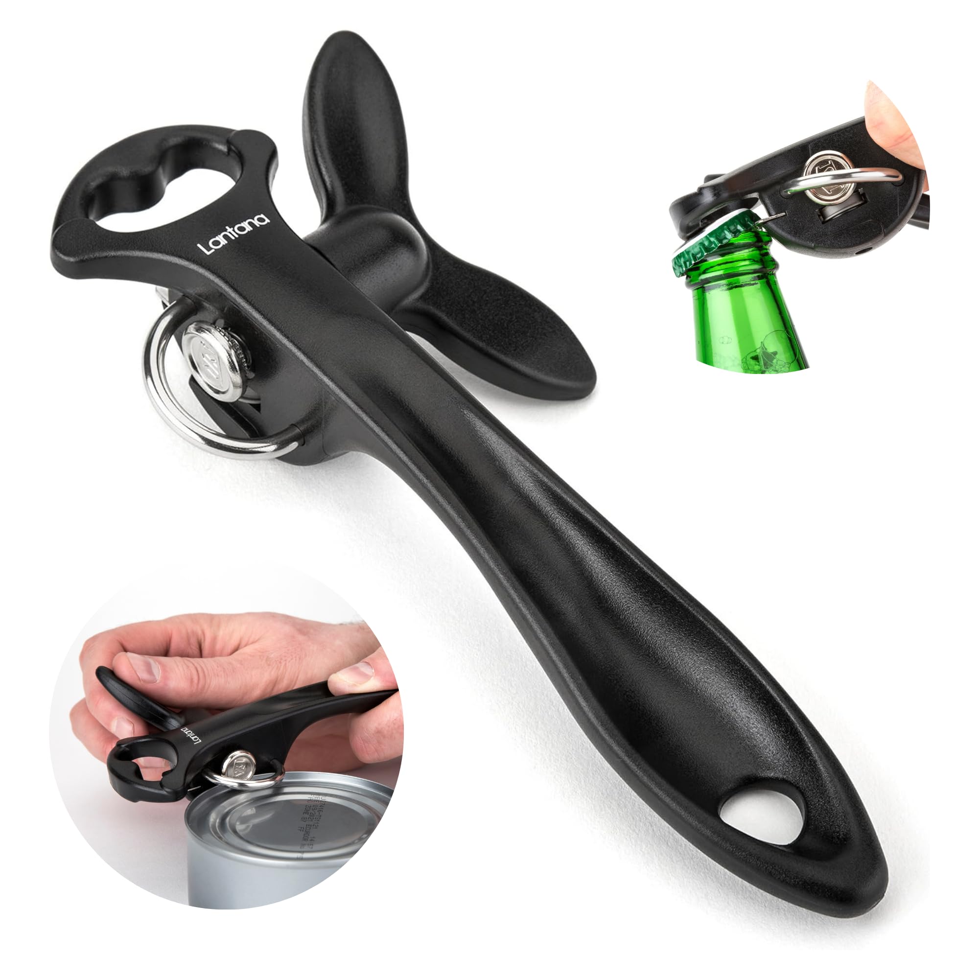 Lantana Can Opener (Smooth Edge) with Bottle Cap Lifter - Hand Held Manual Safety Tin Opener - Black/Stainless Steel