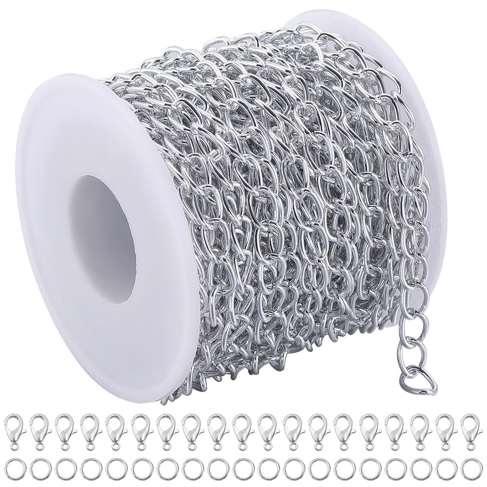 SOFPLATE 32.8 Feet Cable Link Chain Bulk Curb Chain Links Aluminium Curb Chain Roll with 20Pcs Lobster Claw Clasps & 50Pcs Brass Jump Rings jewellery Findings for DIY Crafts Necklace Bracelet Making