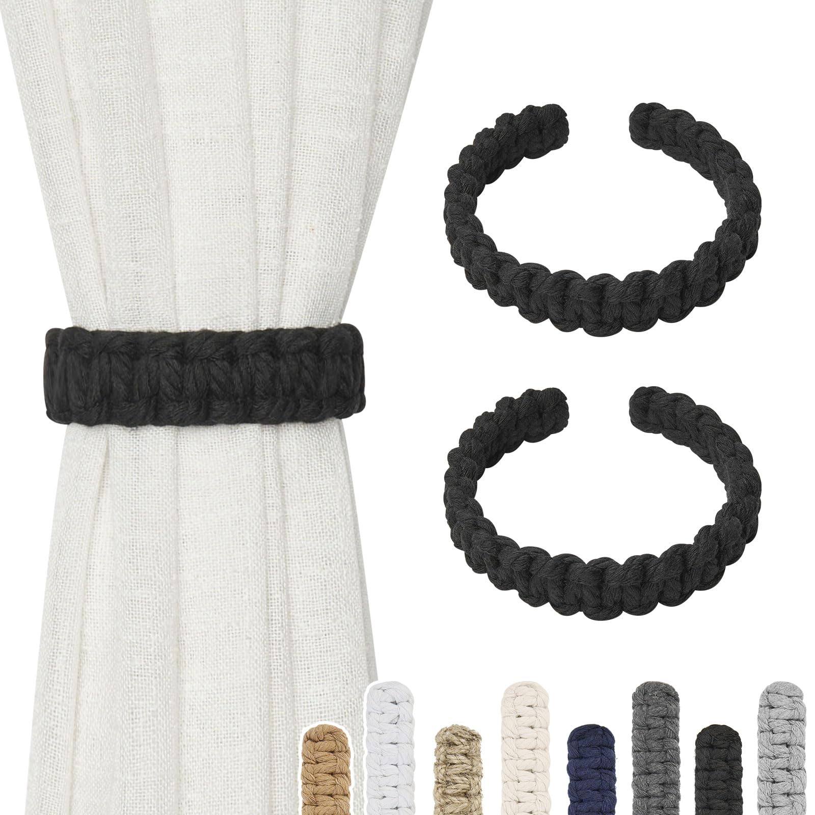 Pretty Jolly 2 Pack Natural Cotton Rope Curtain Tiebacks Farmhouse Rustic Style Decorative Drape Tie Backs Handmade Braided Curtain Holdbacks for Home Sheer/Light Weight Drapery (C-Black-S)
