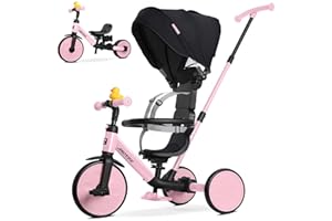 RIDYEE 8-in-1 Tricycle for 1.5-5 Years, Tool-Free Switch, Toddler Tricycle with Parent Steering Control Handle for 1.5 to 5 Yrs, Toddler Trike 1.5-3 Years with 5-Point Harness and Large Canopy, Pink