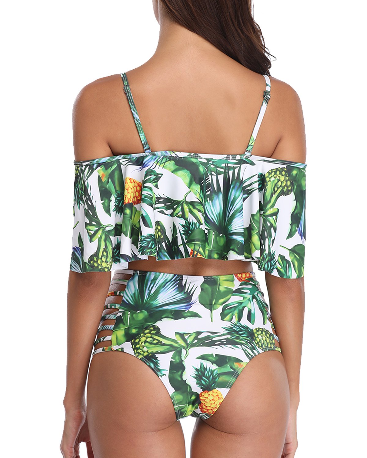 Soft Cloudy Women Off Shoulder Ruffle Two Piece Swimsuit Leaf Print Cut Out Bikini Set Swimwear Bathing Suit L