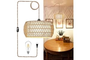 QIYIZM Plug in Pendant Light Hanging Lights with Plug in Cord Hanging Lamp Rattan Boho Dimmable Wicker Bamboo Lamp Shade Hemp Woven Plug in Ceiling Light Fixture Chandeliers for Living Room Bedroom