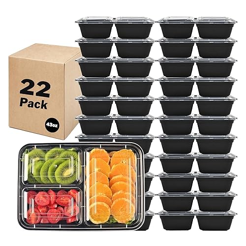 LOKATSE HOME 22 Pack 3 Compartment Meal Prep Food Storage Containers with Lids Reusable Take Out Box, BPA Free, Stackable, Microwave/Dishwasher/Freezer Safe (43 oz)