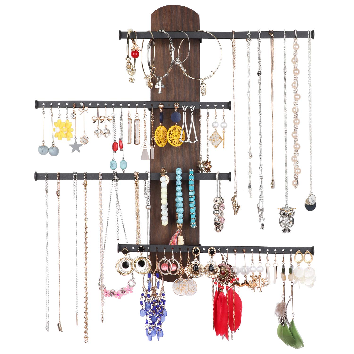 Keebofly Wall Mounted Jewelry Organizer Rustic Wood & Ample Storage with 4Tier Jewelry Rack for