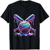 Neon Dripping Baseball and Bats Colorful Sports Art T-Shirt