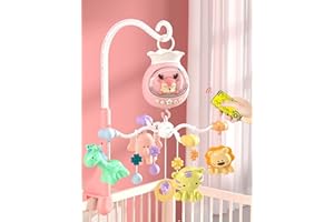 BSROLUNA Baby Crib Mobile with Music and Lights, Baby Mobile for Crib with Remote Control, Hanging Rotating Animal Rattles, 50 Songs and Timing Function, Cartoon Baby Crib Toys for Girls (Baby Pink)
