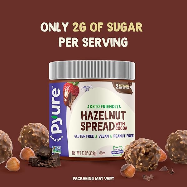 PYURE KETO HAZELNUT CHOCOLATE SPREAD | SUGAR-FREE, LOW CARB, VEGAN NUTELLA ALTERNATIVE | 2G NET CARBS, GLUTEN-FREE, PEANUT-FREE, PLANT-BASED, NON-GMO, KETO SNACK, VEGAN SWEETS | 13 OZ JAR