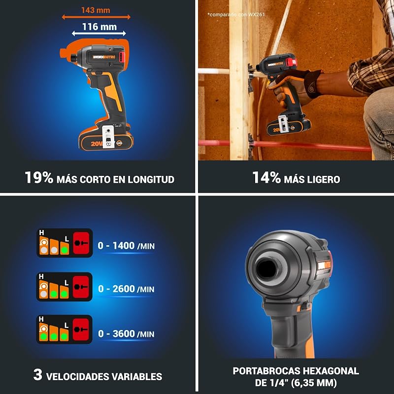 WX265 Atornillador de Impacto Nitro 20V Brushless 200Nm, 3 Velocidades, 2 Modos, 2 Baterías 2Ah, para Metal, Madera y Automoción