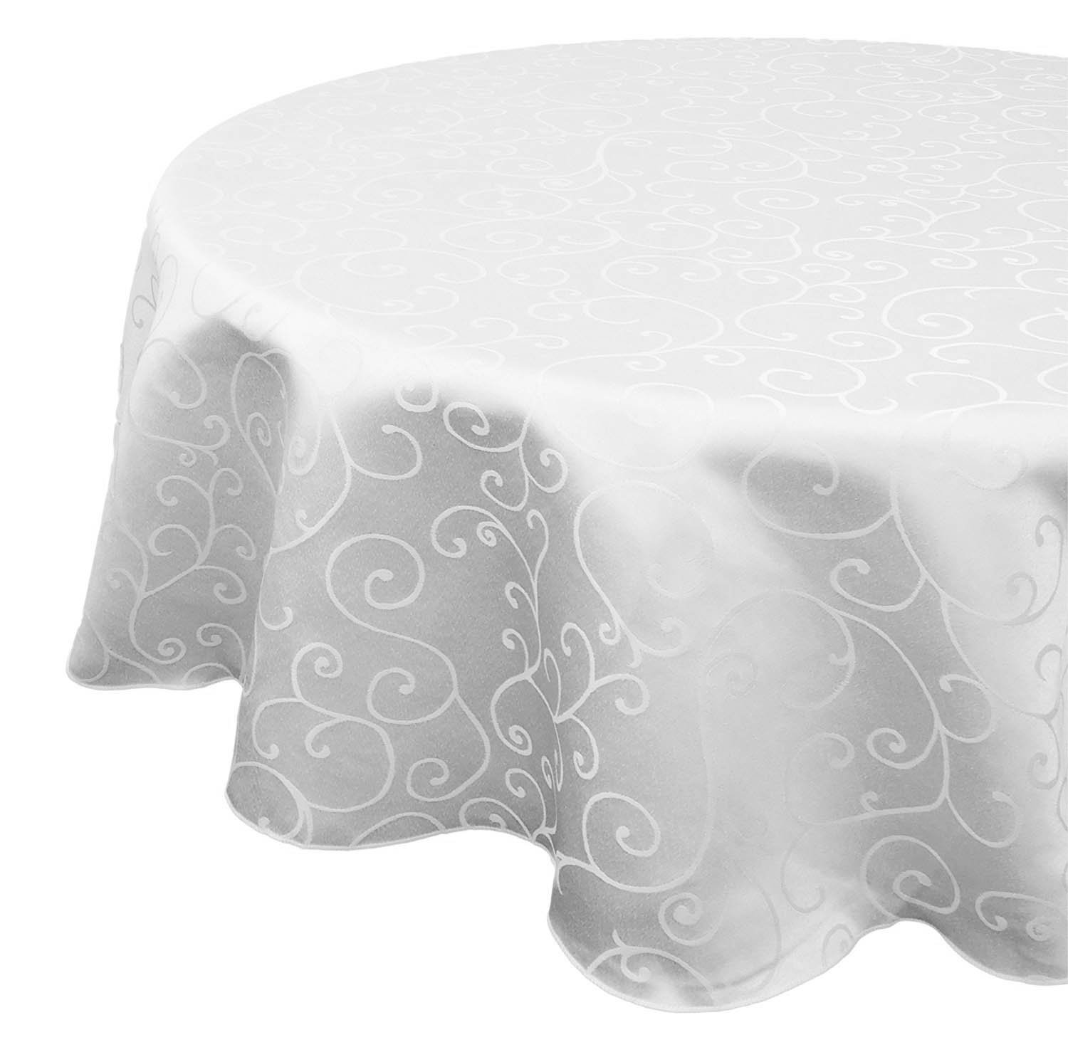 WedDecor 1pc Round Damask Tablecloth with an Overlay Branch Swirl Pattern, Seamless Polyester Linen Table Cover, Party, Tablecloth for Restaurant, Dining, 108 Inch, White