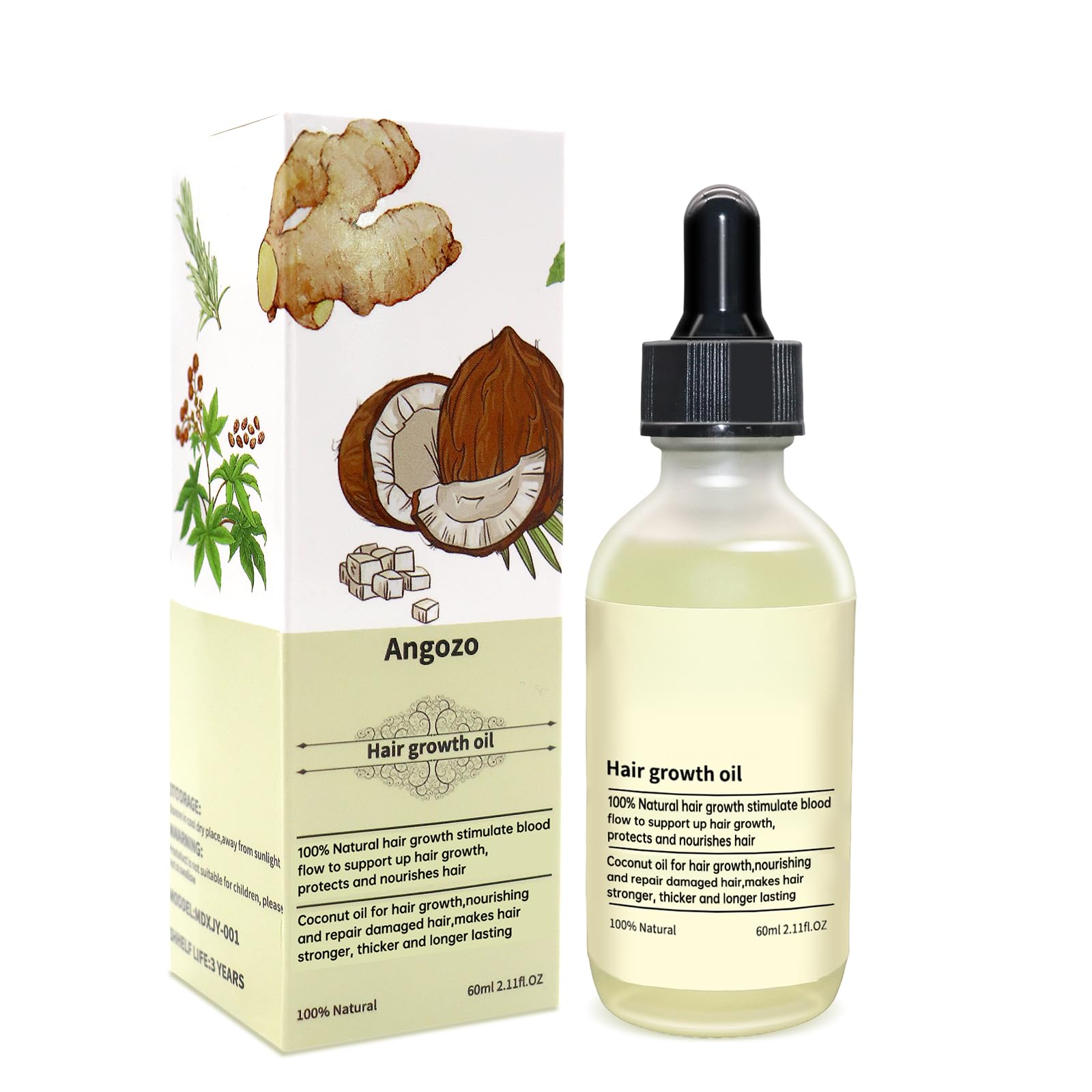 Veganic Hair Oil,100% Natural Growth With Caffeine,Biotin,Coconut,Macadamia,Rosemary and Castor for Growth,Thickening Hair Mask & Loss Treatment,60ml