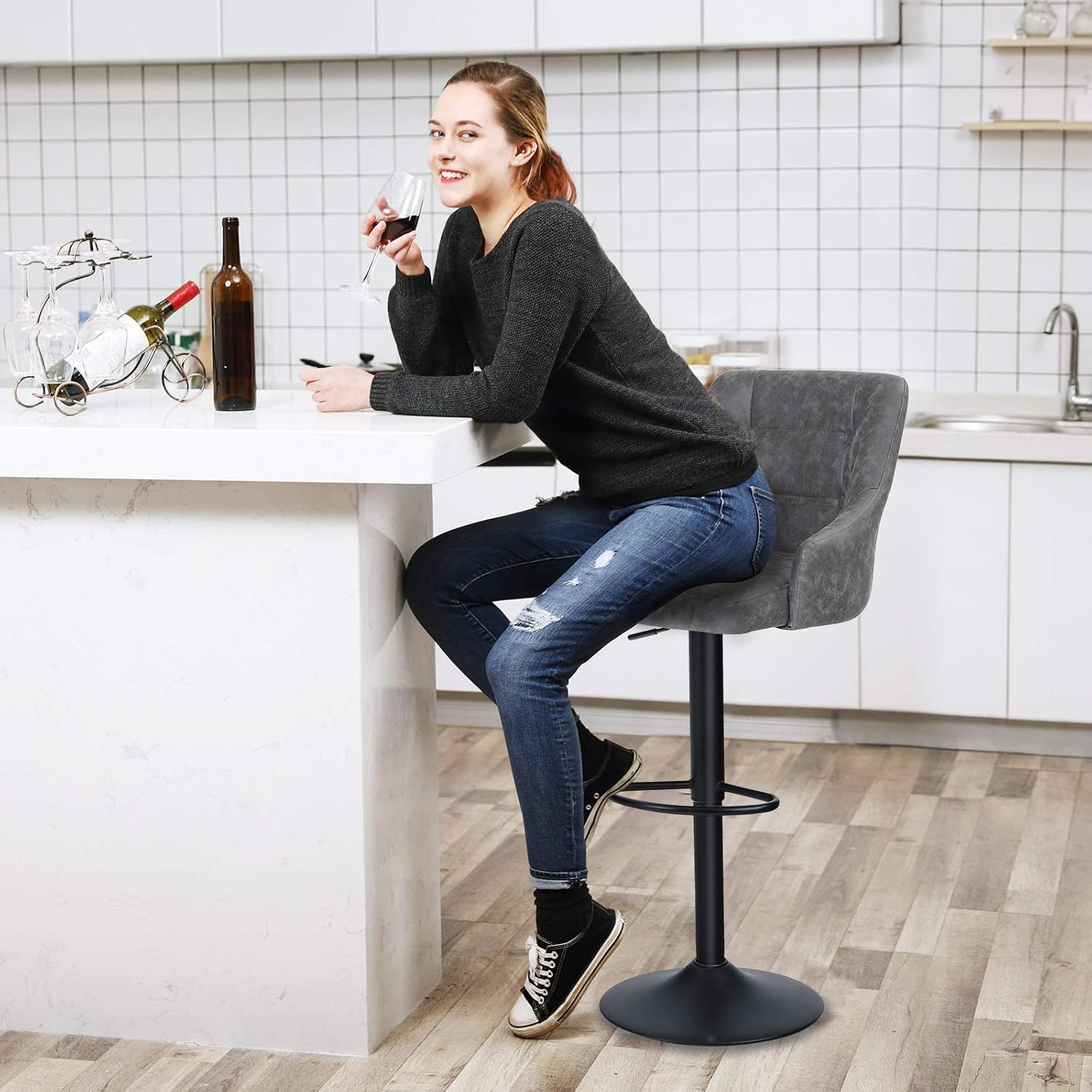 MAISON ARTS Swivel Adjustable Bar Stool with Back for Kitchen Counter Padded Counter Height Faux Leather Bar Chair with Heavy Duty Base for Pub Cafe Dining, 300LBS Weight Capacity, Grey, 1 Stool: Kitchen & Dining