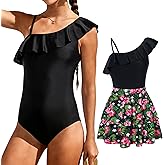 swimsobo Girls Swimsuit with Pad Size 9-16 One Piece Teen Bathing Suit Solid Color Swimwear with Skirt