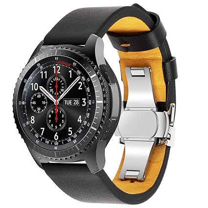VODKE Compatible Samsung Galaxy Watch 46mm Bands & Gear S3 Frontier Bands，22mm Butterfly Buckle Premium Genuine Leather Replacement Strap Wrist Band ...